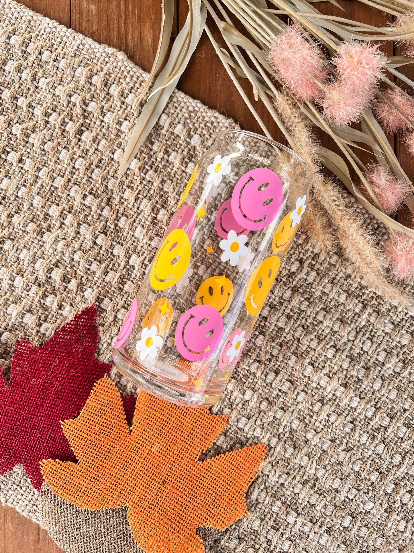 Happy face and flowers glass cup